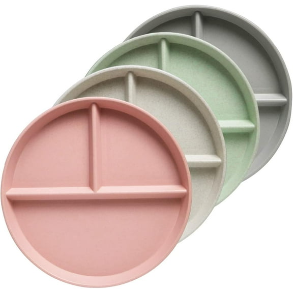 9 Inch (4PCS) Unbreakable Divided Plates for Kids Adults, Dishwasher & Microwave Safe Compartment Plates, Lightweight Reusable Plastic Portion Control Plates