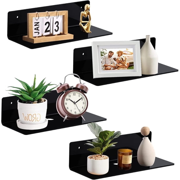 9 Inch Acrylic Floating Shelf No Drill Adhesive Wall Set of 4 for Funko Pop Storage, Shelves Damage-Free Expand Space Living Room, Bathroom, Gaming Office - Black