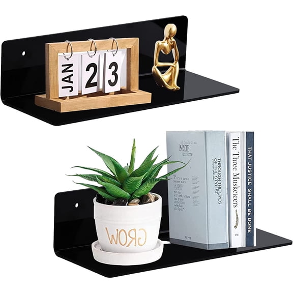 9 Inch Acrylic Floating Shelf No Drill Adhesive Wall Shelf Set of 2 for Funko Pop Storage, Damage-Free Expand Wall Space for Living Room, Bathroom, Gaming Room, Office - Black