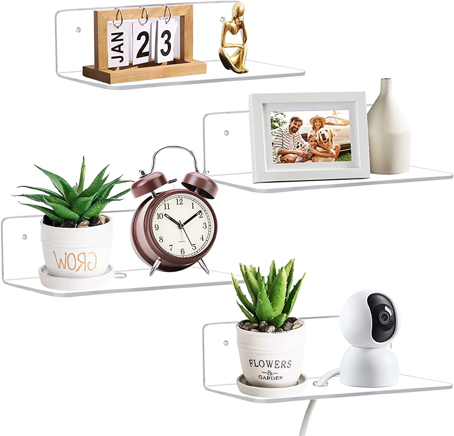 9 Inch Acrylic Floating Shelf, No Drill Adhesive Wall Shelf Set of 4 for Storage, Floating Shelves Damage-Free Expand Wall Space for Living Room, Office, Gaming Room, Bathroom