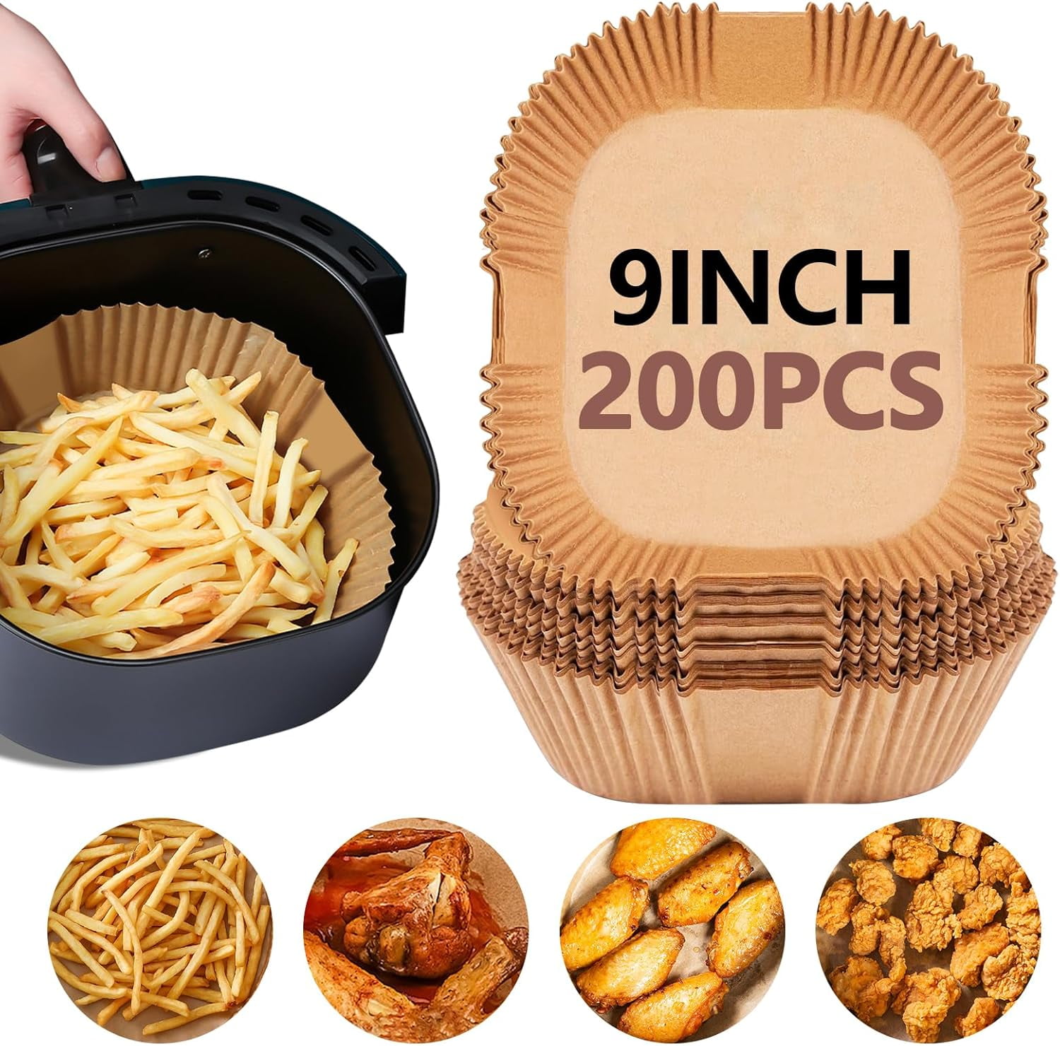 9-Inch Air Fryer Disposable Paper Liners-200pcs, Square，Parchment paper liner for 5-8QT Air fryer, Oil-proof, Water-proof, Parchment Baking Paper for Baking Roasting Microwave