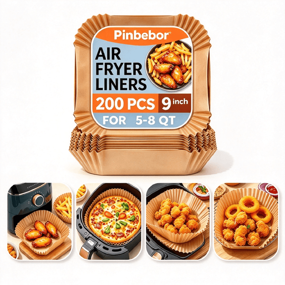 Pinbebor Air Fryer Liners Square Disposable Non-Stick Unbleached 200 Count 9 Inch