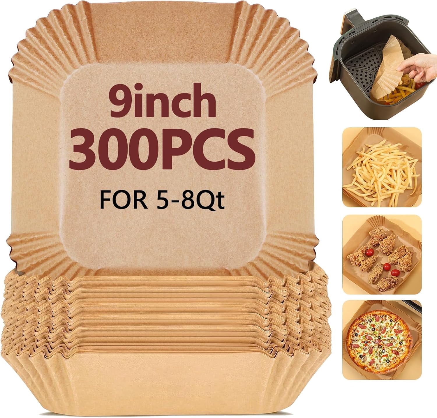 9 Inch Air Fryer Liners Disposable-300PCS Square Parchment Paper Liners,Heat Resistant & Non-Stick,Unbleached Liners for Air Fryer,Oven,Roasting,Baking,Microwave（Bottom is 8 Inch）