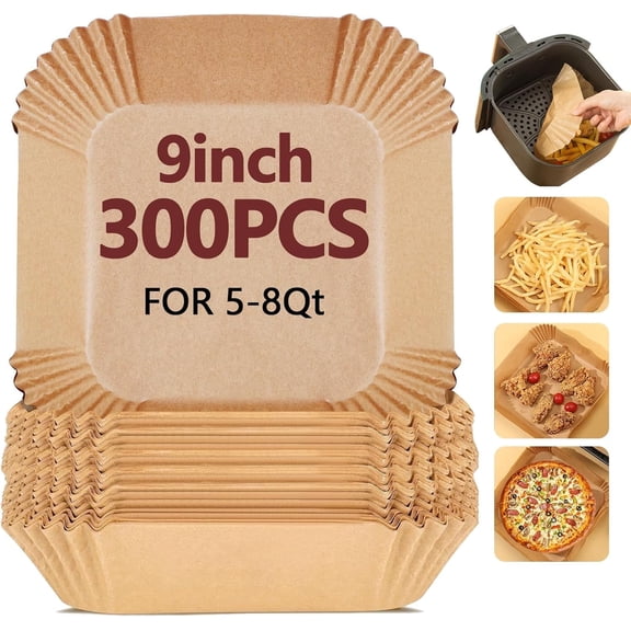 9 Inch Air Fryer Liners Disposable-300PCS Square Parchment Paper Liners,Heat Resistant & Non-Stick,Unbleached Liners for Air Fryer,Oven,Roasting,Baking,Microwave(Bottom is 8 Inch)