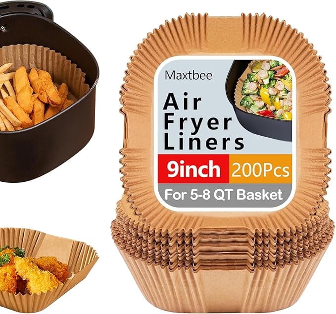 9 Inch Air Fryer Paper Liner Disposable, 200PCS Non-Stick, Oil-Proof & High-Temperature Resistant Square Baking Parchment for Fryer, Microwave and Oven（Bottom Is 8 Inch）