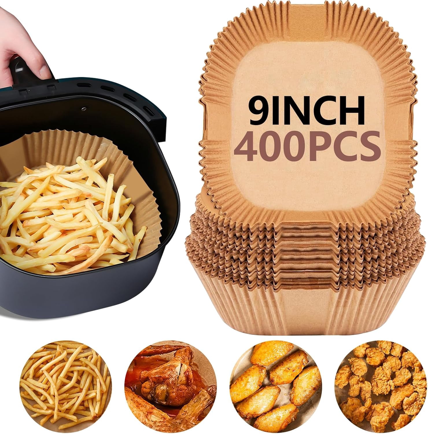 9 Inch Air Fryer Paper Liners, 400 PCS Parchment Paper, Air Fryer Disposable Paper Liners for Microwave, Non-Stick Sheets Square Free of Bleach（Bottom size 8 Inch）