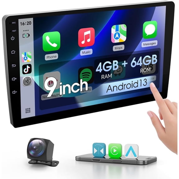 9 Inch Android Car Stereo Double Din, Wireless CarPlay & Android Auto, Universal Touch Screen Car Stereo with WiFi 6, Bluetooth, GPS, Backup Camera, 4+64GB, FM/AM Radio