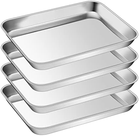 9 Inch Baking Cookie Sheet, Oven Pan Tray Stainless Steel Sheet Pan for Kitchen, Oven Bakeware for Multi Uses, Shiny Look & Dishwasher Safe, Healthy & Heavy Duty, 4Pcs