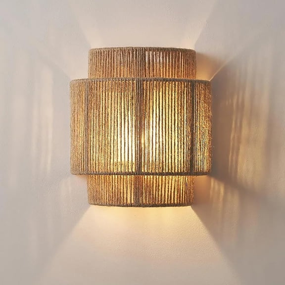 9-Inch Boho Rattan Wall Sconces - Rustic Hemp Rope Wall Light Fixtures for Bedroom, Bathroom, Hallway, and Entryway