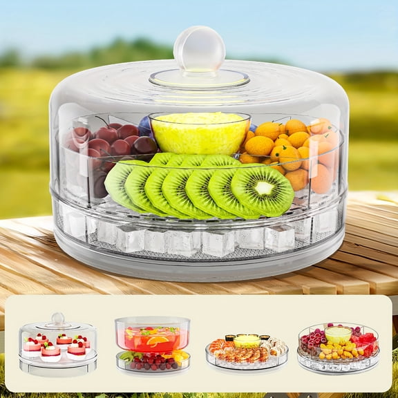 9-Inch Chilled Serving Tray with Clear Rotating Lid and Ice Storage Compartment - Four-Section Cold Food Platter for Veggies, Sushi, Snacks, and Cupcakes