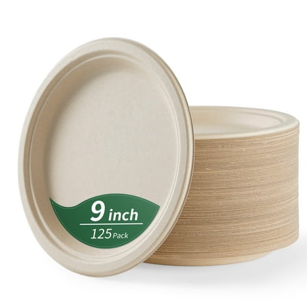 GPED 9 Inch Compostable Paper Plates, 125-Pack Heavy Duty Disposable Plates, Eco-Friendly Biodegradable Sugarcane Bagasse, Natural Unbleached Brown, Perfect Dinner Paper Plate For Party