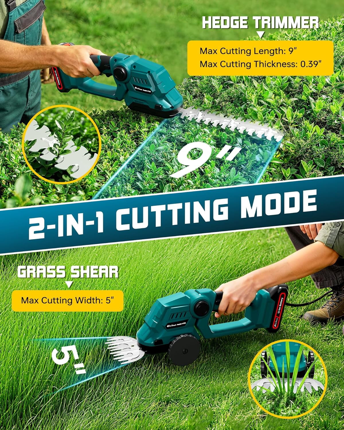 9-Inch Cordless Hedge Trimmer with 2 Batteries, 2-in-1 Electric Grass Shear for Garden Pruning