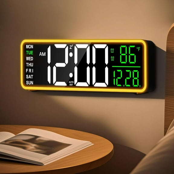 9 Inch Digital Alarm Clock Wall Clock with Night Light, Dual Alarm, Snooze & Dimming Brightness, Temperature, 12/24H, DST, Timer, Plug-in Powered with Battery Backup