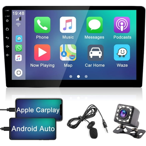 9 Inch Double Din Touch Screen Car Radio with CarPlay Android Auto, Car Play Touchscrren Stereo with Bluetooth Mirror Link FM/AM/RDS Button Lights EQ SWC, Car Audio Receiver with Backup Camera Mic