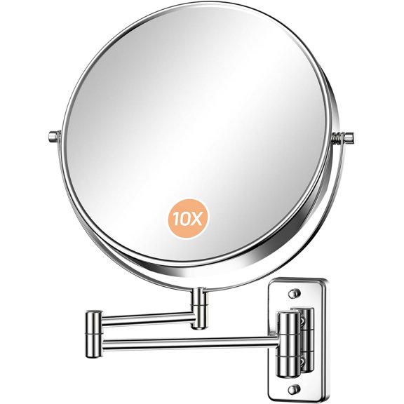 9 Inch Extra Large Wall Mounted Mirror with 1X/10X Magnification, 360 Swivel & Extendable, Chrome Polished Finish for Bathroom Vanity, Shaving & Makeup (Men & Women)