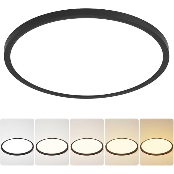 9 Inch Flush Mount Ceiling Light, 5 Color Adjustable Slim 18W 1800LM 2700K-6500K Wired LED Fixture, Modern Low Profile LED Ceiling Lamp for Hallways, Kitchen, Bedroom, Closets, Bathroom, Round, Black