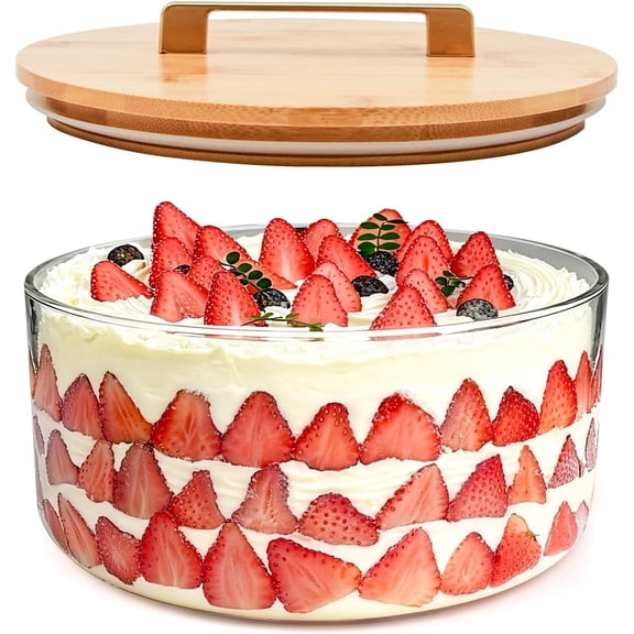 9 Inch Glass Trifle Bowl with Sealed Lid, Large Salad Bowl, Modern Versatile Mixing and Serving Bowl for Salad, Dessert, Laying Ice Cream, Cake and Party, Home, Microwave & Dishwasher Safe