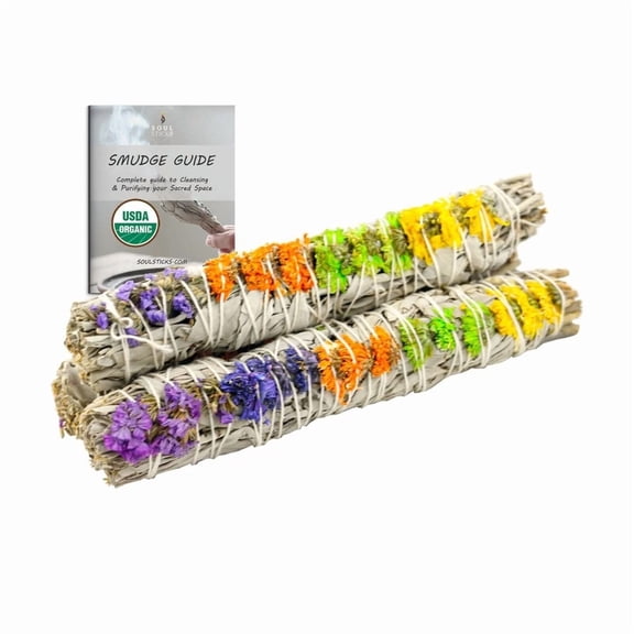 9 Inch Good Vibes White Sage Smudge Stick With Flowers For Home Cleansing