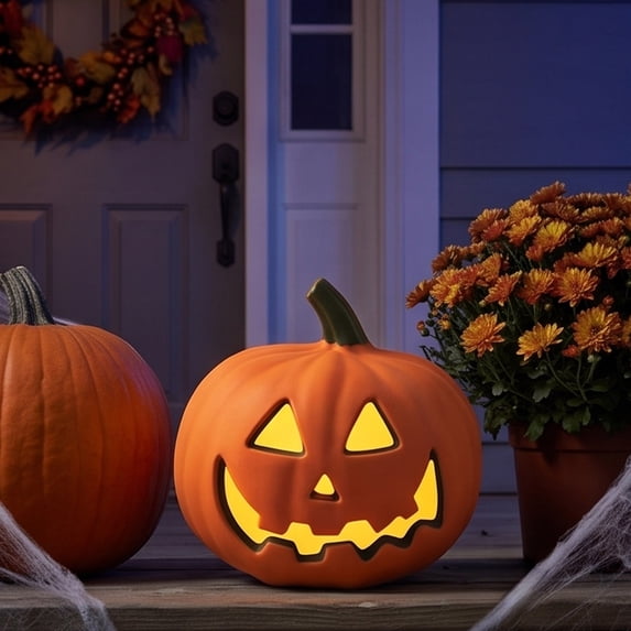 9 Inch Halloween LED Light Up Jack O Lantern, Cute Pumpkin Decor, Warm Glow for Fireplace Mantel Window Sill Porch Yard Halloween Party Home Decor