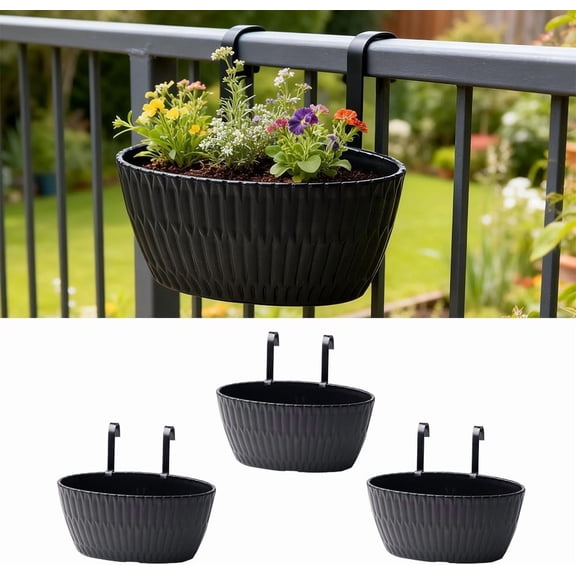 9 Inch Hanging Flower Pots, 3 Pcs Black Railing Fence Hanging Bucket Planter with Detachable Hooks, Countryside Window Plant Holder for Outdoor Garden Yard Home Decor