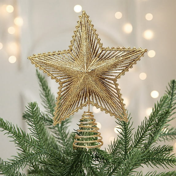 9 Inch LED Light Up Metal Star Tree Topper - Red Glitter Christmas Tree Finial for Indoor/Outdoor Holiday Decor (5-Point Star, Battery Operated) Gold