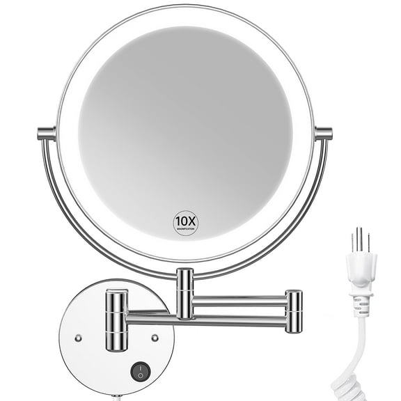 9 Inch Lighted Wall Mounted Makeup Vanity Mirror 1x/10x Magnifying 2-Sided with Extendable Arm