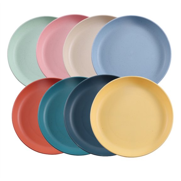 9 Inch Lightweight Wheat Straw Plates,Flat Dessert Trays,Multicolor Unbreakable Tableware,Reusable Dinner Plates,Household Snack Tray,Kitchen Camping Party Supplies 8 Pcs