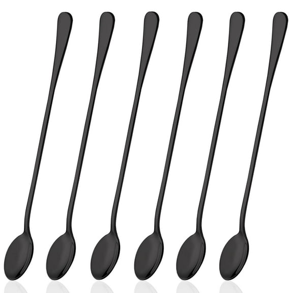 9 Inch Long Handle Iced Tea Spoon, Holzlrgus Set of 6 Stainless Steel Iced Teaspoon for Iced Tea, Coffee, Cocktail, Milkshake, Cold Drink (Black)