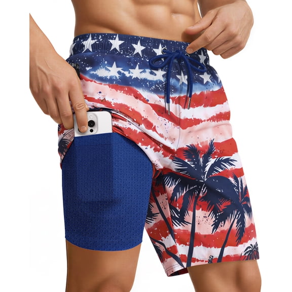 9 Inch Men Swim Trunks 2 in 1 with Compression Breathable Liner Quick Dry Stretch Zipper Pockets Summer Beach Shorts for Cruise Beach Pool Board