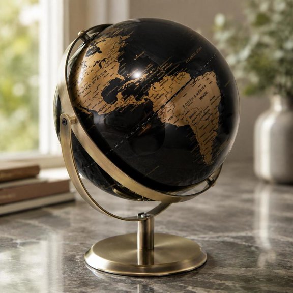 9-Inch Metallic Black World Globe with Metal Stand and Time Dial for Education and Decor