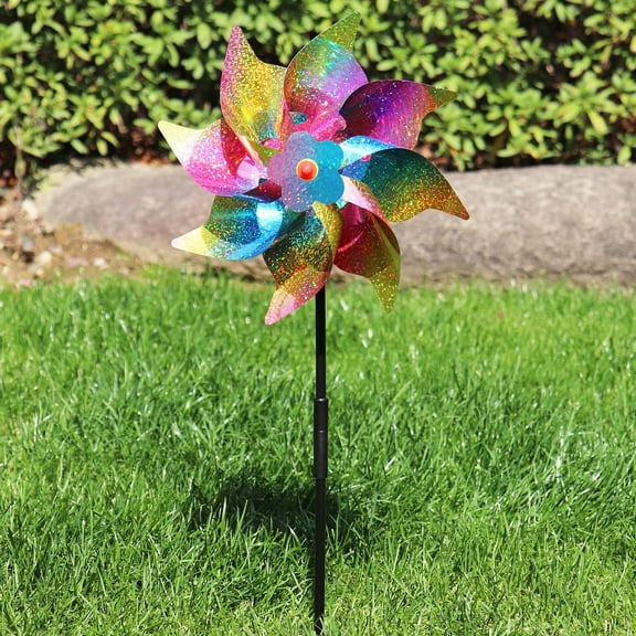 9 Inch Octagonal Windmill Pinwheel Multicolor Reflective Bird Repellent Plastic Garden Spinner with 20 Inch Stake for Patio Yard Decor and DIY Toy