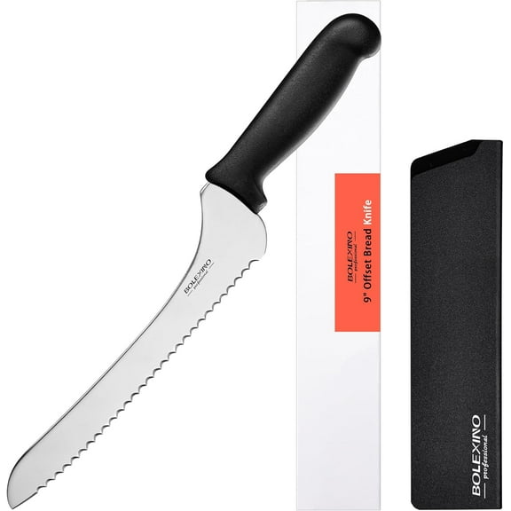 9 Inch Offset Serrated Bread Knife, Wavy Ed knife, High Carbon Stainless Steel Multi-Purpose Kitchen Knife for Homemade Bread, Crusty Breads, Cake, Bal