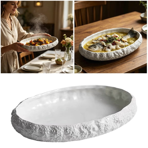 9 Inch Oval Rock Textured Ceramic Serving Platter, Pure White Dinner Plate for Fish, Steak & Pasta