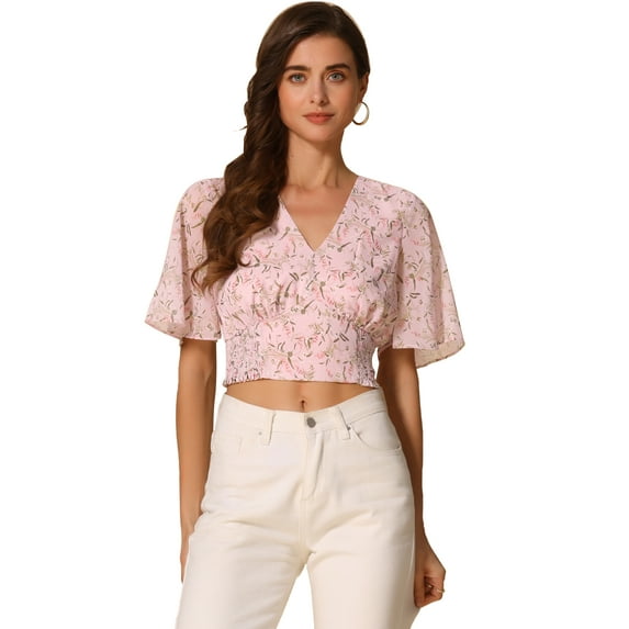 DARING DIVA Women's Floral Flare V Neck Smocked Crop Tops XS Light Pink