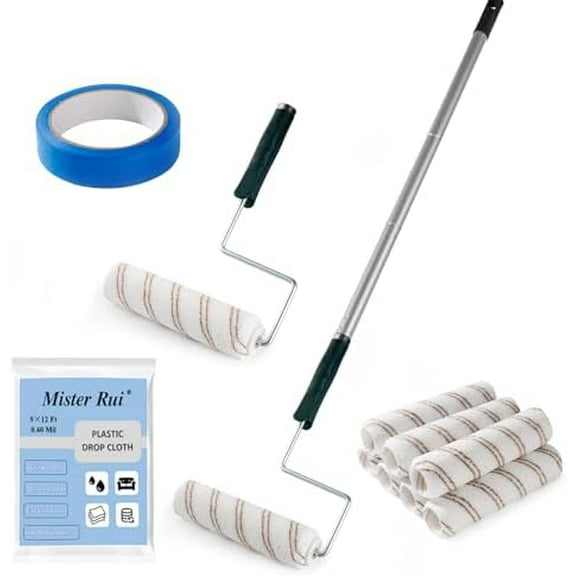 9 Inch Paint Roller, Microfiber Roller Covers with Extension Pole, 5-Wire Roller Frame, Drop Cloth and Tape, Paint Rollers for Painting Walls, Painting Supplies$$Tools & Hardware Other