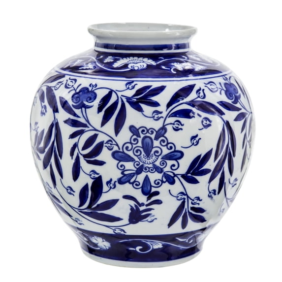 9 Inch Porcelain Vase, Blue Persian Print, Curved Shape, Flared Opening- Saltoro Sherpi