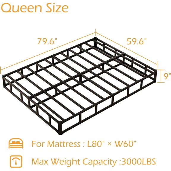 9 Inch Queen Box Spring Bed Base Heavy Duty Metal Frame with Fabric Cover for Mattress Foundation Easy Assembly Noise Free Black