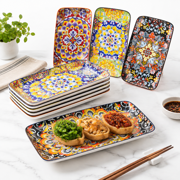 9 Inch Rectangular Serving Platters Set of 6, Bohemian Style Porcelain Plates