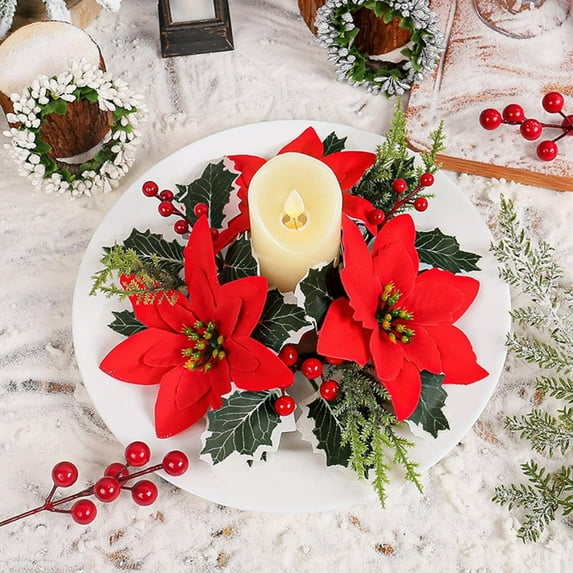 9 Inch Red Poinsettia Christmas Candle Wreath - Artificial Flower with Red Berries & Pinecones, Holiday Table Centerpiece for Christmas Dinner Party Decor