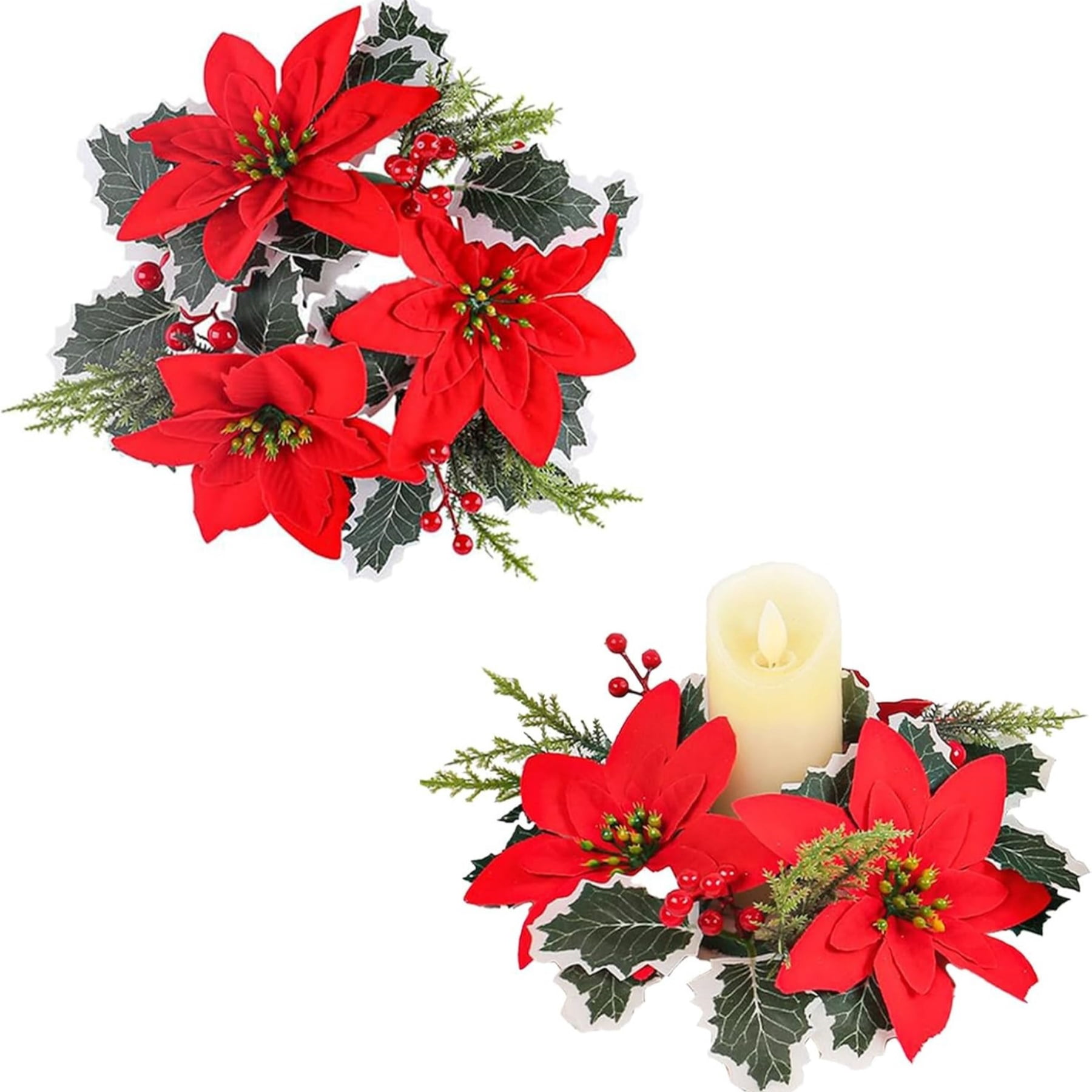 9 Inch Red Poinsettia Christmas Candle Wreath - Artificial Flower with ...