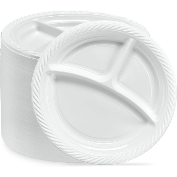 9 Inch Round 3 Compartment Microwaveable Disposable White Plates 400 Count