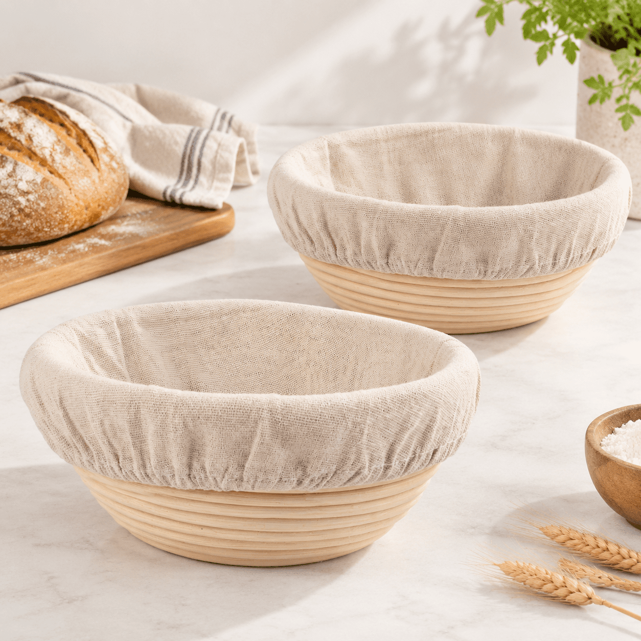 Round Raisin Bread 9 Inch Round Rattan Bread Proofing Rising Basket Set of 2 with Liners ...