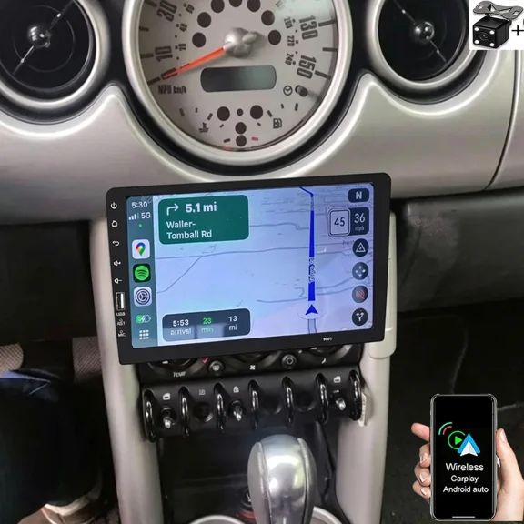 9 Inch Single Din Car Radio Stereo For 2002-2008 Mini Cooper Carplay, with Carplay Mirror Link Automobile MP5 Player, Support Bluetooth FM EQ USB SWC MIC, Mirror Link with 8 Lamp Camera