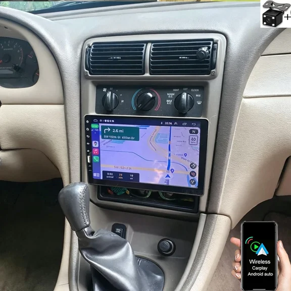 9 Inch Single Din Car Radio Stereo For Ford Mustang 1994 1995 1996 1997 1998 1999 2000, with Carplay Mirror Link Automobile MP5 Player, Bluetooth FM EQ USB SWC MIC, Mirror Link with 8 Lamp Camera