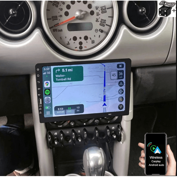 9 Inch Single Din Car Stereo For 2002 2003 2004 2005 2006 2007 2008 Mini Cooper, with Carplay Mirror Link Automobile MP5 Player, Support Bluetooth FM EQ USB SWC MIC, Mirror Link with 8 Lamp Camera