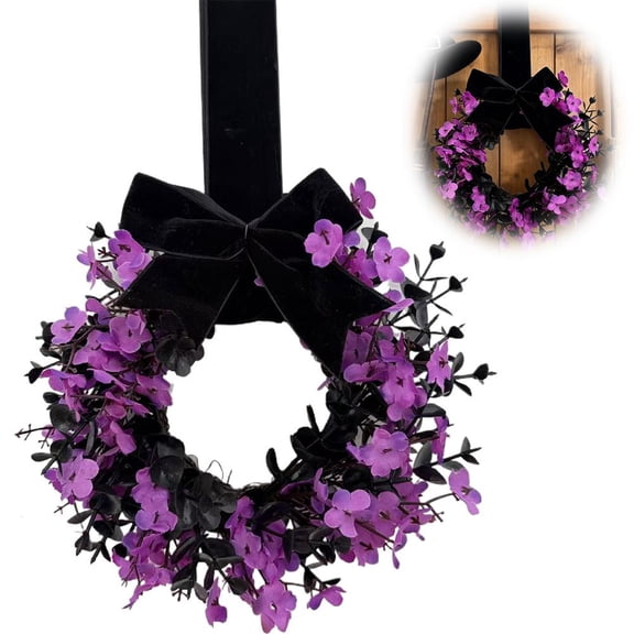 9 Inch Small Black Boxwood Halloween Wreath, Round Rattan Twig Branch Wreath, Gothic Artificial Fall Floral Wreaths, Kitchen Cabinet Table Decor for Home Party