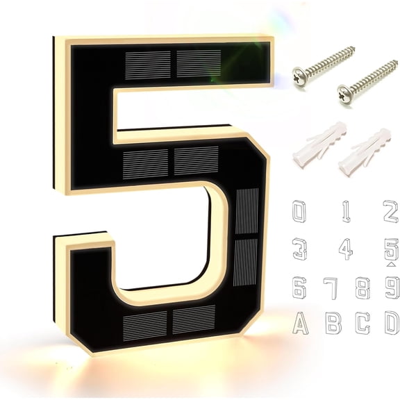 9 Inch Solar LED Address House Number Light, Waterproof Solar Powered Outdoor Home Address Sign, No Hardwiring Required, Illuminated House Numbers 0-9 for Yard Exterior Wall(number-5)