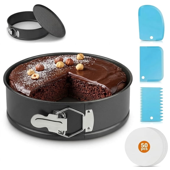 9 Inch Springform Pan Tin, Non-stick Removable Bottom Cake Pan, Leakproof & Easy Release, Includes 1 Pan, 3 Scrapers, and 50 PCS Parchment Paper for Baking