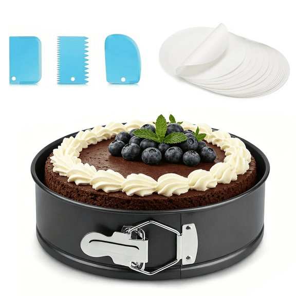9 Inch Springform Pan Tin, Nonstick Cheesecake Pan with Removable Bottom, Easy Release, Leakproof, Springform Cake Pan Set with 1 Pan, 3 Scrapers and 50 Parchment Papers