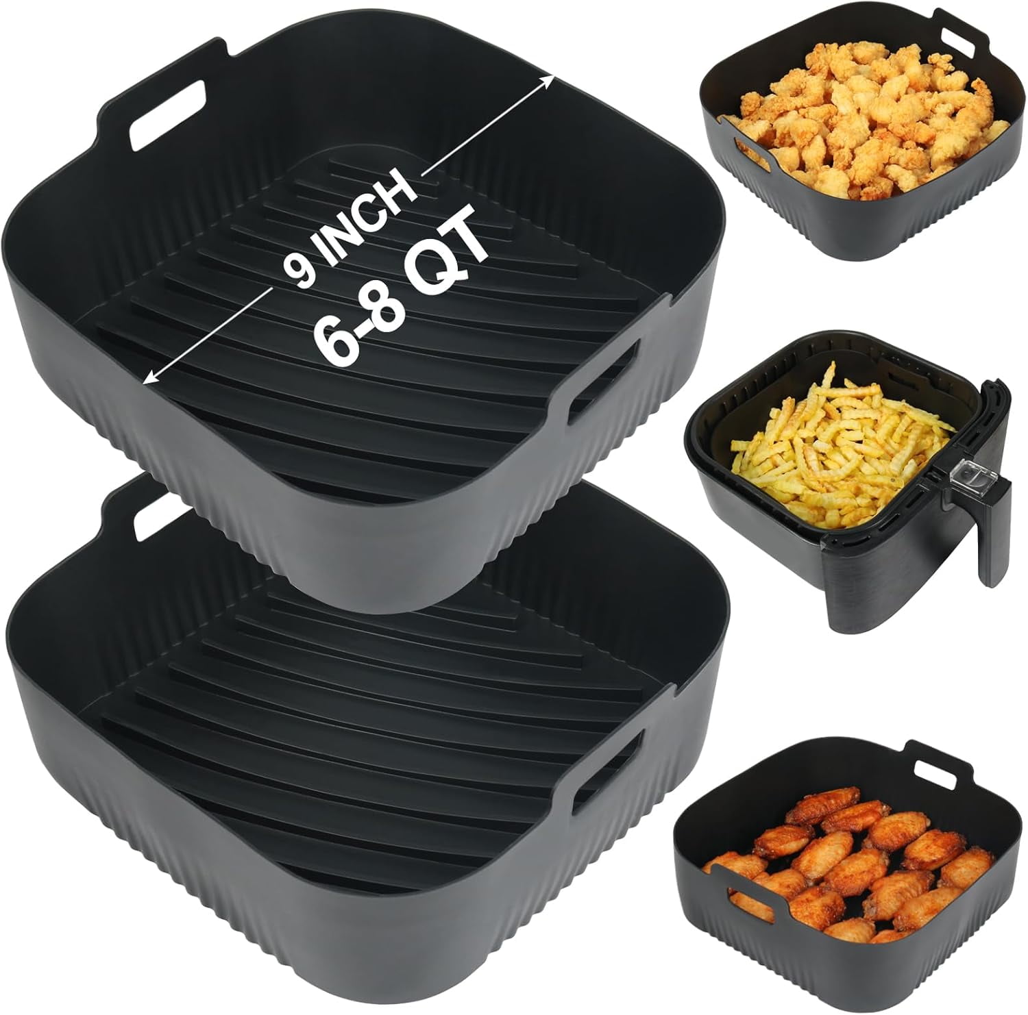 9 Inch Square Silicone Air Fryer Liners for 6 to 8QT, Set of 2, Reusable Silicone Airfryer Tray Insert, Air Fryer Accessories for Corsori 6QT, Airfryer Pro XL 6.5QT, & More
